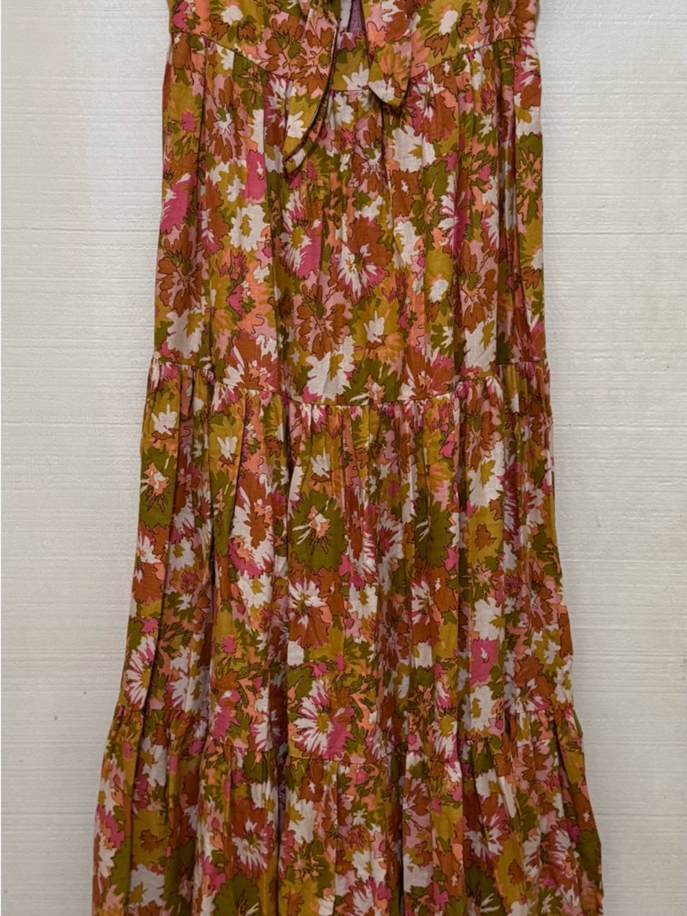House of Harlow 1960 Floral Tiered Maxi dress in Pink, Orange, Olive, and White